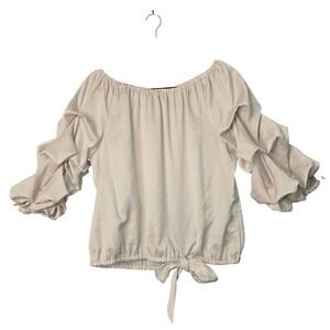 MSK Petite Blouse Womens XL Beige Off Shoulder Ruffle Sleeve Tie Hem Top PXL